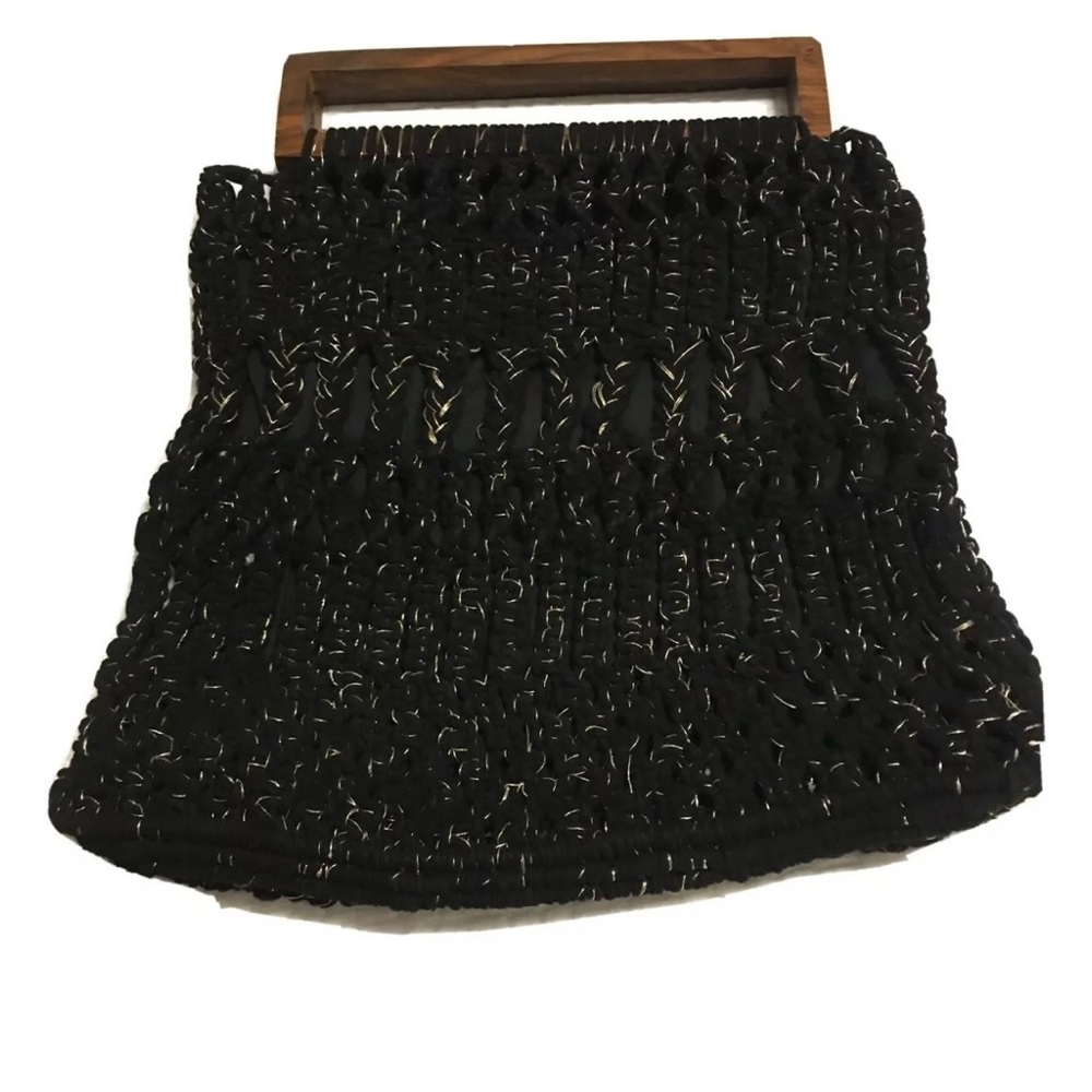 NWOT CLEOBELLA Macrame clutch wooden handle bag Anthropologie black/gold